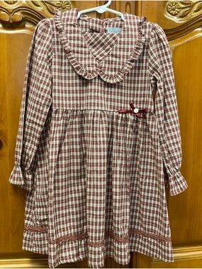 Phlona Plaid Ruffle Collar Dress Burgundy Cream Long Sleeve NWT Size 4